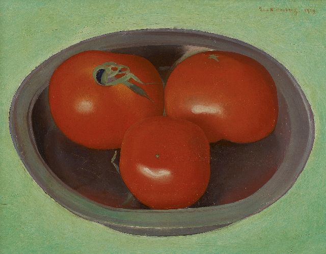 Wittenberg J.H.W.  | Stilleven van drie tomaten op een bord, olieverf op doek op schildersboard 17,5 x 23,2 cm, gesigneerd r.b. en gedateerd 1919