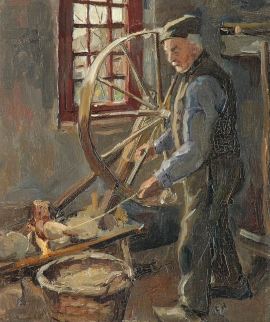 Piet Mondriaan | Interieur met touwtwijnende man  i.o., olieverf op doek op board, 34,0 x 28,0 cm
