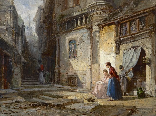 Tetar van Elven P.H.T.  | Doorkijkje in oud Milaan met in de verte de Kathedraal, olieverf op doek 24,6 x 32,5 cm, gesigneerd l.o.