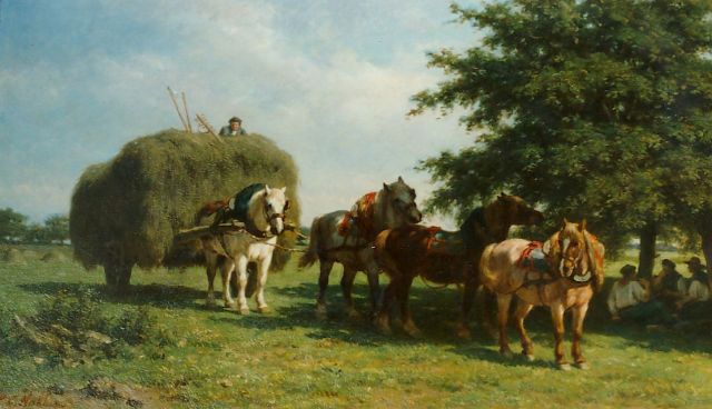 Nakken W.K.  | Paarden voor de hooiwagen, olieverf op doek 60,0 x 102,5 cm, gesigneerd l.o.