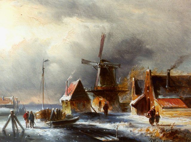 Morel II J.E.  | Winterlandschap met figuren bij een molen, olieverf op paneel 15,9 x 21,5 cm, gesigneerd r.o.
